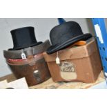 THREE VINTAGE HATS AND ACCESSORIES, comprising a top hat by Lincoln Bennett & Co, Burlington