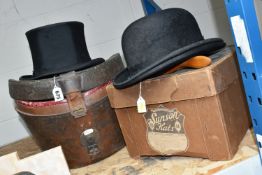 THREE VINTAGE HATS AND ACCESSORIES, comprising a top hat by Lincoln Bennett & Co, Burlington
