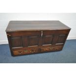 A GEORGIAN OAK MULE CHEST, with fielded panels, over two drawers, width 156cm x depth 64cm x