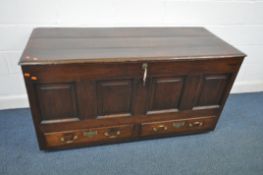A GEORGIAN OAK MULE CHEST, with fielded panels, over two drawers, width 156cm x depth 64cm x