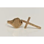 A YELLOW METAL SIGNET RING AND A CROSS PENDANT, of an oval design, engraved initials, split shank,