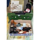 TWO BOXES AND LOOSE CERAMIC, WOODEN, METAL AND GLASS ORNAMENTAL BOOTS AND SHOES, PRINTED EPHEMERA,