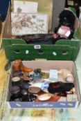 TWO BOXES AND LOOSE CERAMIC, WOODEN, METAL AND GLASS ORNAMENTAL BOOTS AND SHOES, PRINTED EPHEMERA,