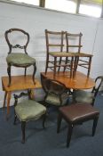 A SET OF FOUR VICTORIAN WALNUT BALLOON BACK CHAIRS, along with a pair of Arts and Crafts oak chairs,