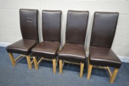 A SET OF FOUR MODERN BROWN LEATHER HIGH BACK DINING CHAIRS, on light oak legs (condition report: -