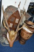 A SET OF MOUNTED THREE POINT ANTLERS, TWO SMALL AFRICAN SHIELDS, OTHER 20TH CENTURY TOURIST