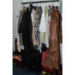 FIVE BOXES AND ONE RAIL OF CLOTHING AND ACCESSERIES, to include a ladies fur coat, a handmade