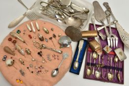 A BOX OF MISCELLANEOUS ITEMS, to include a selection of hatpins, many imitation pearl examples, a