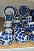 MID- CENTURY BLUE AND WHITE TEAWARE BY RORSTRAND OF SWEDEN, four pieces of Blue Fire ceramics