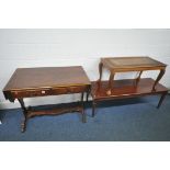 A MAHOGANY DROP LEAF SOFA TABLE, with two drawers, width 98cm x depth 58cm x height 74cm, along with
