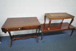 A MAHOGANY DROP LEAF SOFA TABLE, with two drawers, width 98cm x depth 58cm x height 74cm, along with