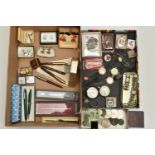 A BOX OF ASSORTED ITEMS, to include a silver key wound, open face pocket watch, hallmarked