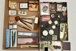 A BOX OF ASSORTED ITEMS, to include a silver key wound, open face pocket watch, hallmarked
