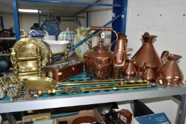 A QUANTITY OF COPPER AND BRASSWARE, comprising a large copper kettle, a J.S & S (Joseph Sankey)