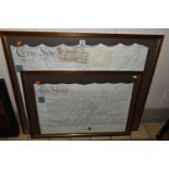 TWO LATE FRAMED 19TH CENTURY INDENTURES, the larger dated 1822, the smaller dated 1829, both have