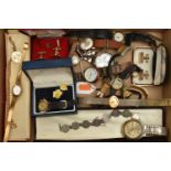 A BOX OF ASSORTED ITEMS, to include an early 20th century rolled gold wristwatch, a selection of