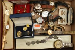 A BOX OF ASSORTED ITEMS, to include an early 20th century rolled gold wristwatch, a selection of