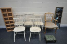 FIVE PAINTED SPINDLE BACK CHAIRS, a French beech open armchair, a gilt framed rectangular wall