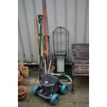 A SELECTION OF GARDEN TOOLS, to include spades, forks, garden cart, etc (10+)