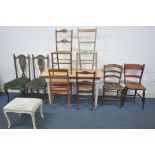 A SELECTION OF VARIOUS CHAIRS, of various styles and ages, along with a French dressing stool and an