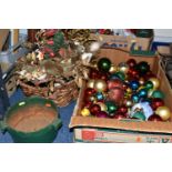 TWO BOXES AND LOOSE CHRISTMAS DECORATIONS, to include a box of late twentieth century/modern