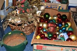 TWO BOXES AND LOOSE CHRISTMAS DECORATIONS, to include a box of late twentieth century/modern
