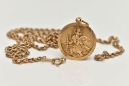 A 9CT GOLD ST. CHRISTOPER PENDANT AND A CHAIN NECKLACE, a circular pendant, hallmarked 9ct