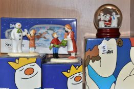 TWO COALPORT CHARACTERS 'THE SNOWMAN' FIGURE GROUPS, A SNOW GLOBE AND A GIFT SET, comprising boxed