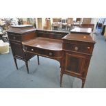 A MAPLE AND CO MAHOGANY PEDESTAL SIDEBOARD, with a single drawer and cupboard door flanking a single
