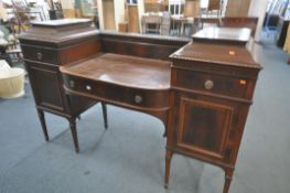 A MAPLE AND CO MAHOGANY PEDESTAL SIDEBOARD, with a single drawer and cupboard door flanking a single