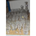 A QUANTITY OF CUT CRYSTAL, comprising five Brierley vintage champagne glasses, three decanters (