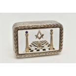 A SILVER AND ENAMEL MASONIC SNUFF BOX, rectangular box detailed with a white, black and blue