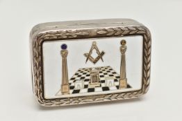 A SILVER AND ENAMEL MASONIC SNUFF BOX, rectangular box detailed with a white, black and blue