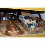 A BOX OF VINTAGE CAMERAS, TYPEWRITER, SEWING MACHINE AND WALL PLAQUE, comprising a wooden cased