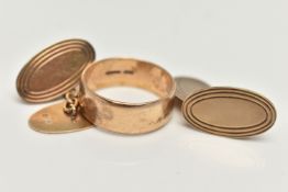 A 9CT GOLD RING AND PAIR OF 9CT GOLD CUFFLINKS, the plain band ring with 9ct hallmark for Birmingham