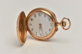 A LADYS YELLOW METAL AND ENAMEL FULL HUNTER POCKET WATCH, manual wind, case detailed with painted