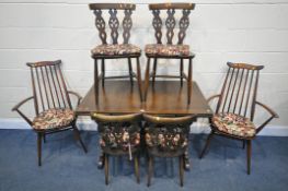 AN ERCOL DRAW LEAF DINING TABLE, width 114cm x depth 71cm x height 74cm, together with a set of four