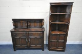 AN ERCOL ELM OLD COLONIAL OPEN CORNER CUPBOARD, width 76cm x depth 45cm x height 184cm, along with