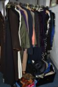 FOUR BOXES AND ONE RAIL OF LADIES CLOTHING AND ACCESSORIES, to include approximately fifty items