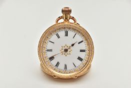 A LADYS YELLOW METAL OPEN FACE POCKET WATCH, manual wind, round white dial with gold floral