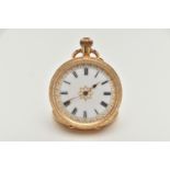 A LADYS YELLOW METAL OPEN FACE POCKET WATCH, manual wind, round white dial with gold floral