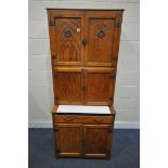 A MID CENTURY LUSTY PRODUCT OAK MAIDSAVER KITCHEN CABINET, made up of three double door cupboards