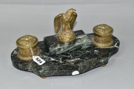 A LATE 19TH CENTURY CONTINENTAL VARIEGATED GREEN MARBLE AND GILT METAL DESK STAND WITH A SIMILAR