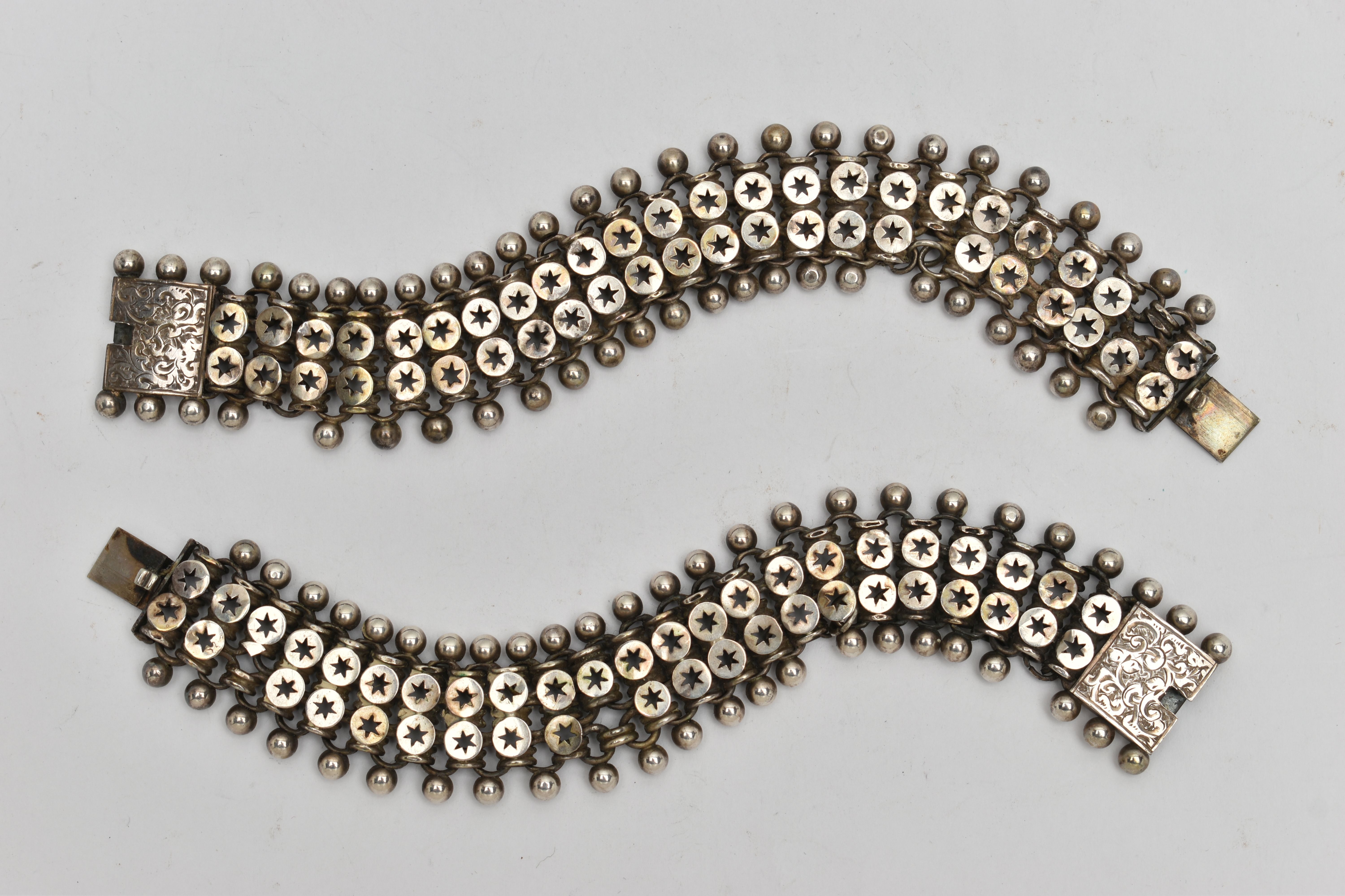 TWO VICTORIAN WHITE METAL BRACELETS, two matching bracelets comprised of two rows of star links