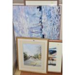 SIX PICTURES AND PRINTS ETC, comprising a watercolour depicting Scropton Village signed Enid Monroe,