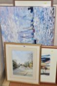 SIX PICTURES AND PRINTS ETC, comprising a watercolour depicting Scropton Village signed Enid Monroe,