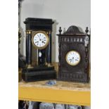 TWO MANTEL CLOCKS, comprising a French portico clock in need of restoration and a carved wooden