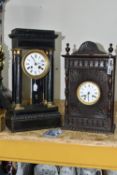 TWO MANTEL CLOCKS, comprising a French portico clock in need of restoration and a carved wooden