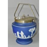 A WEDGWOOD BLUE DIPPED JASPERWARE BISCUIT BARREL, of shaped footed form, having a plated lid, handle