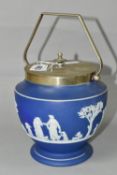A WEDGWOOD BLUE DIPPED JASPERWARE BISCUIT BARREL, of shaped footed form, having a plated lid, handle